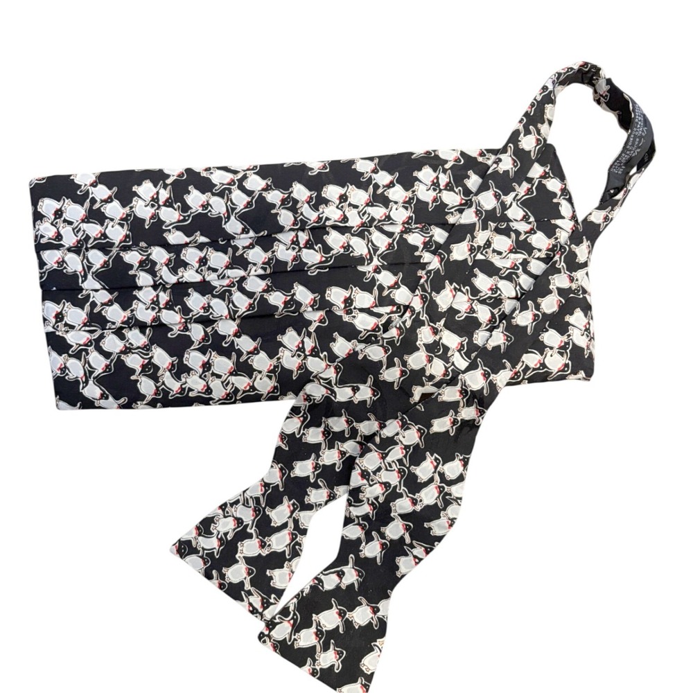 Daniel Taylor Penguin Print Cummerbund and Bow Tie‎ Set Black Formal Tuxedo Mens